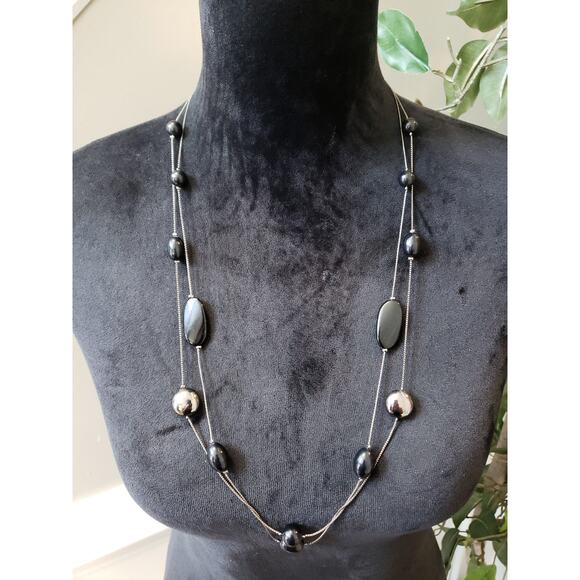 Women's Black Silver Bead Necklace Multi Strand Lobster Clasp Modern Look - Picture 1 of 4